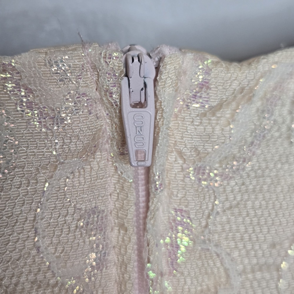 Vtg 80s Mayvens of California Iridescent Peach Pink Lace Puff Sleeve Prom Dress - Picture 13 of 14
